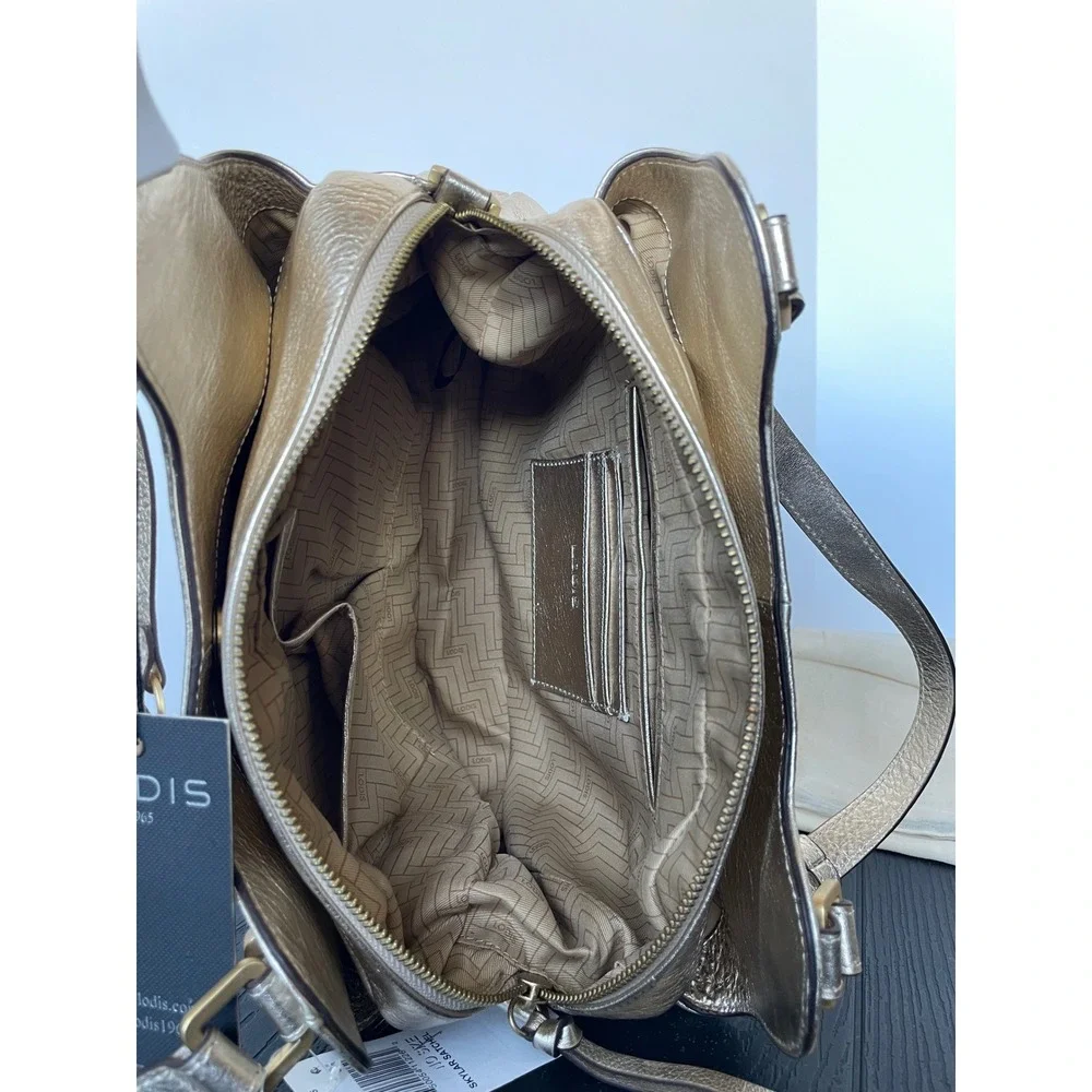 NEW Lodis Geniune Leather Handbag Skylar Satchel Gold Metallic Top Handle Purse